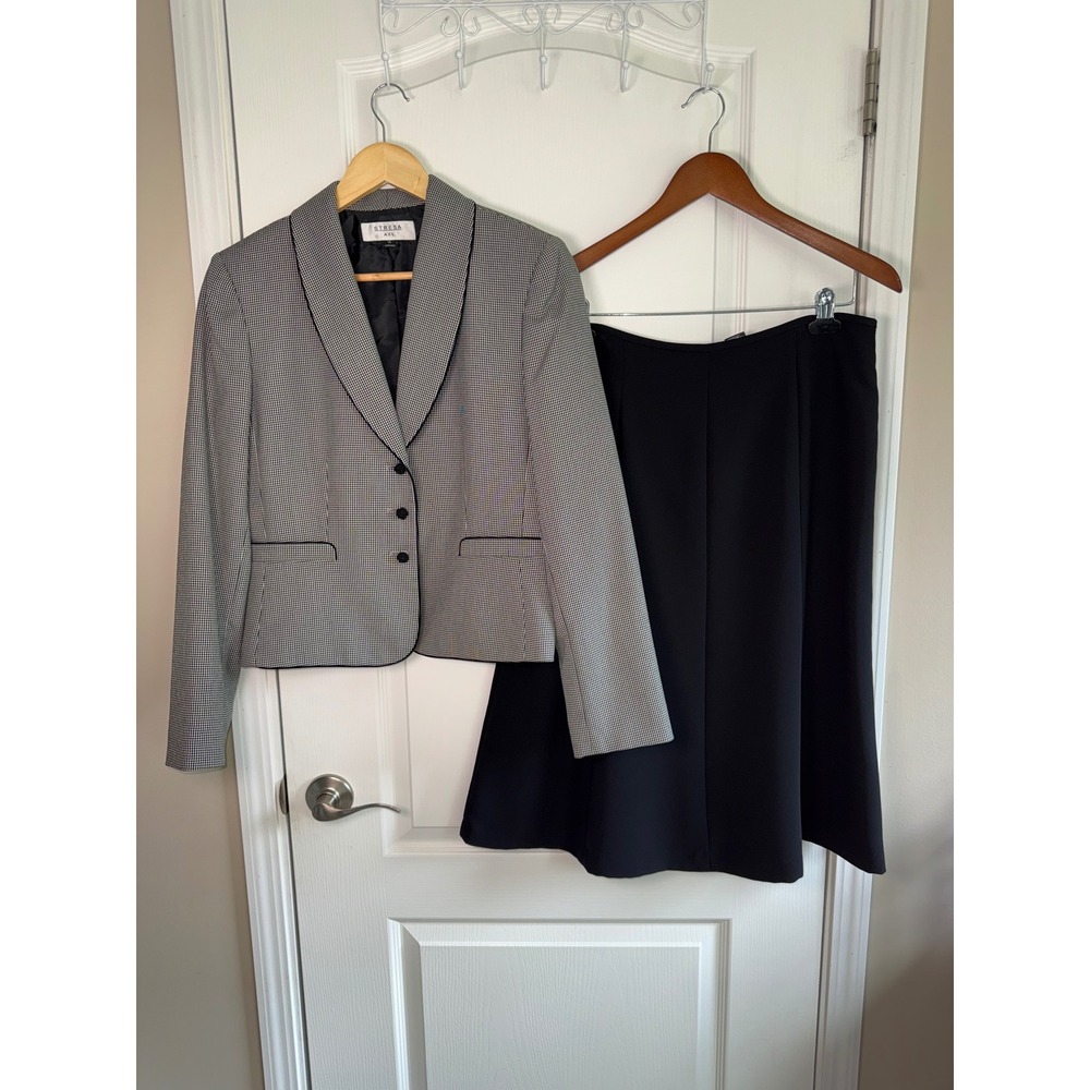 Stresa ASL Womens Houndstooth Skirt Suit Set Black White Size 10 Blazer Skirt - Picture 2 of 16
